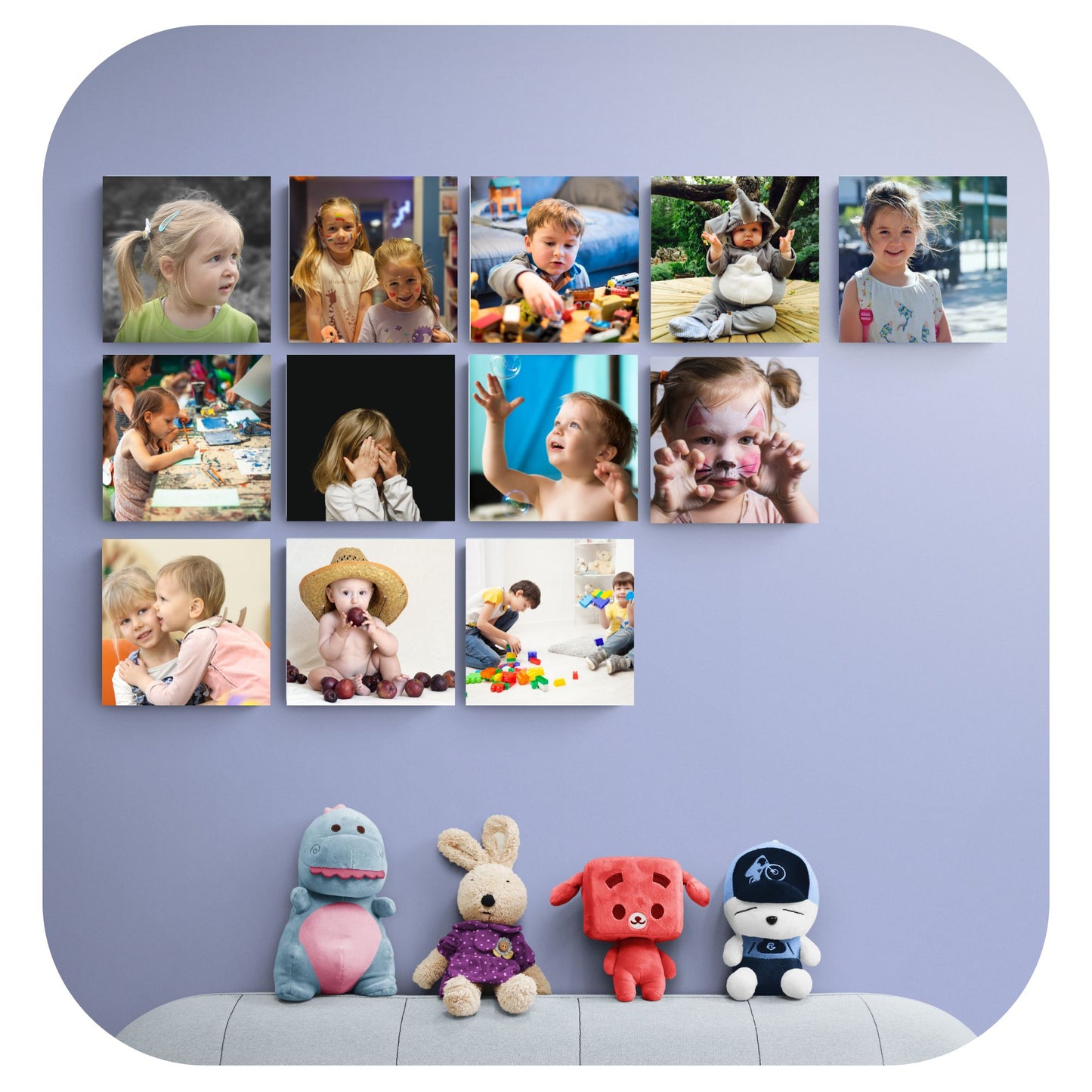 12 photo tiles on wall