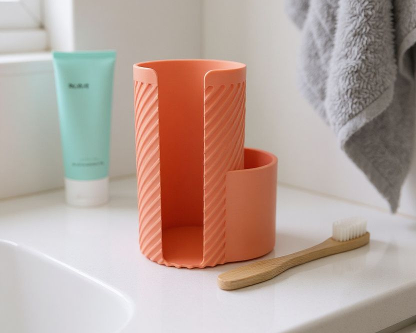 Bathroom counter with coral cup, toothbrush, and tube of toothpaste.