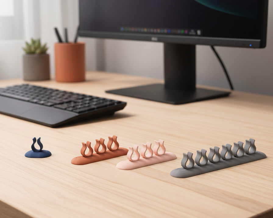 Desk setup with computer monitor, keyboard, and multiple small figurines on a wooden surface.