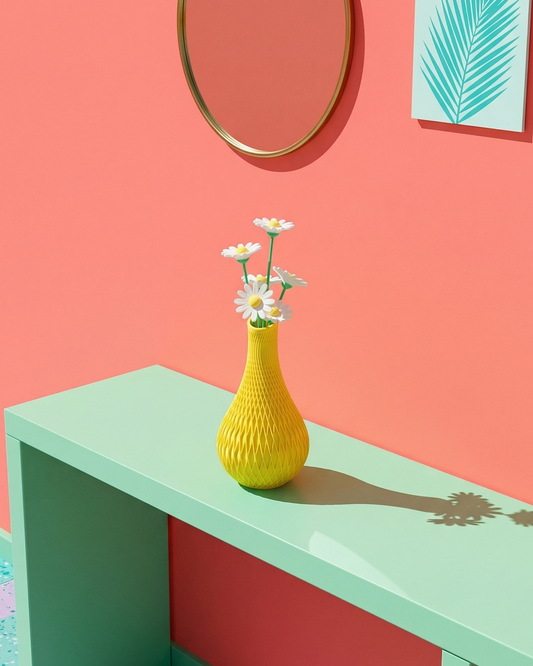 Yellow vase with flowers on a green table against a pink wall with a mirror and framed picture.