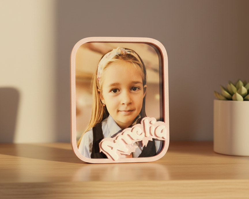 Decorative photo frame with a child's portrait and name on a wooden surface.