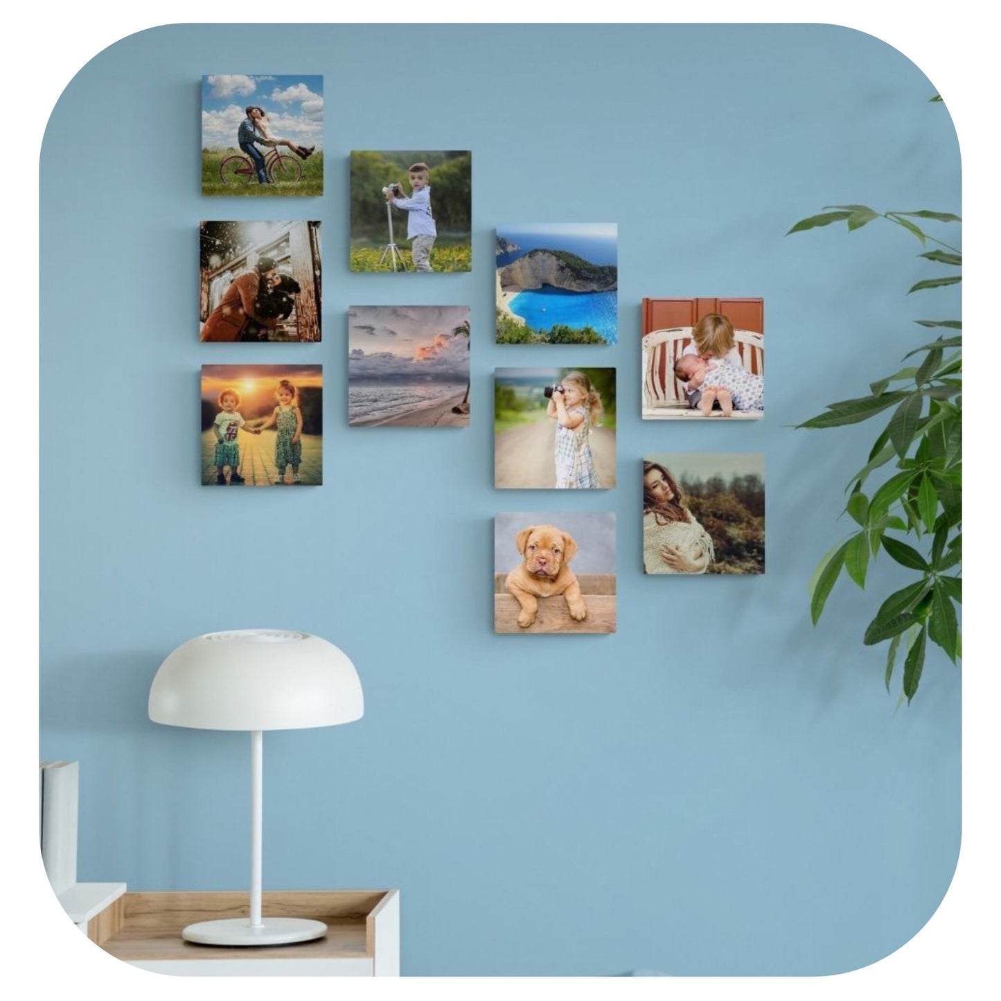 10 photo tiles on wall