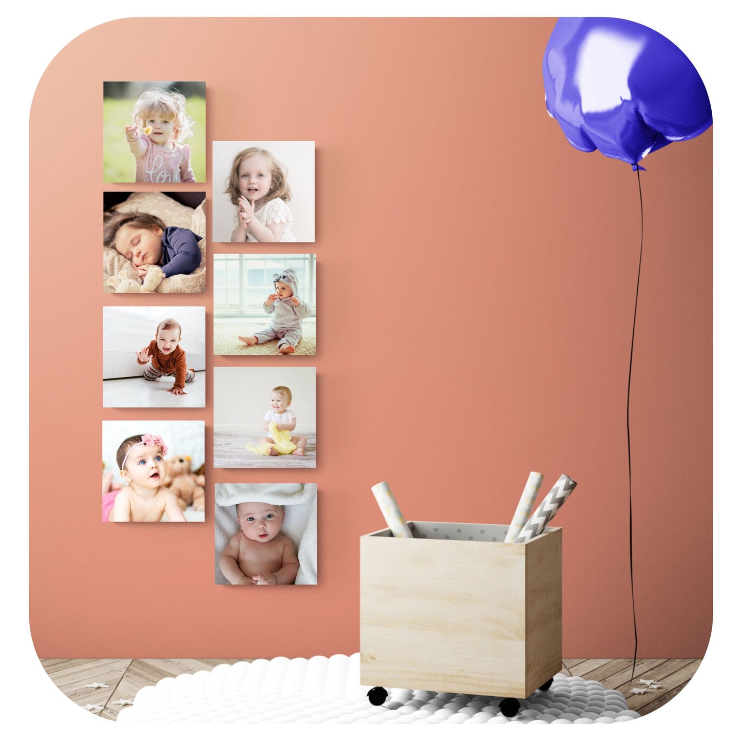 8 photo tiles on wall baloon, kids room