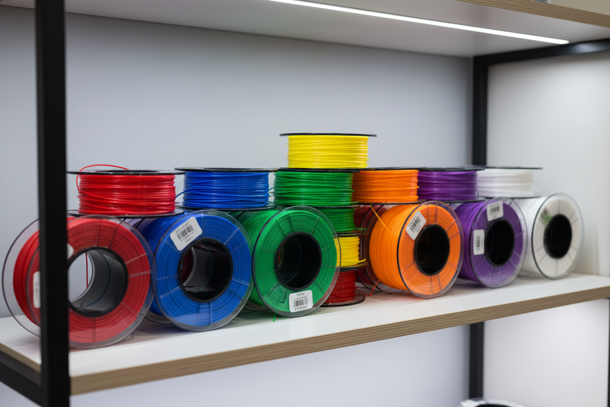 3d printer filaments, various colours, stacjed on a shelf