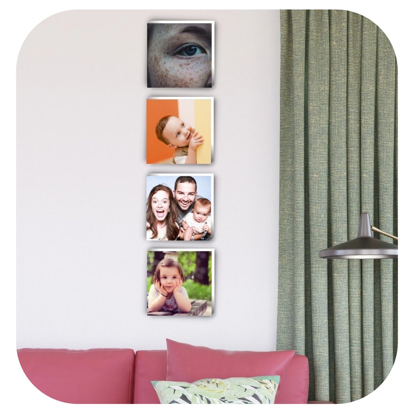 4 photo tiles on wall