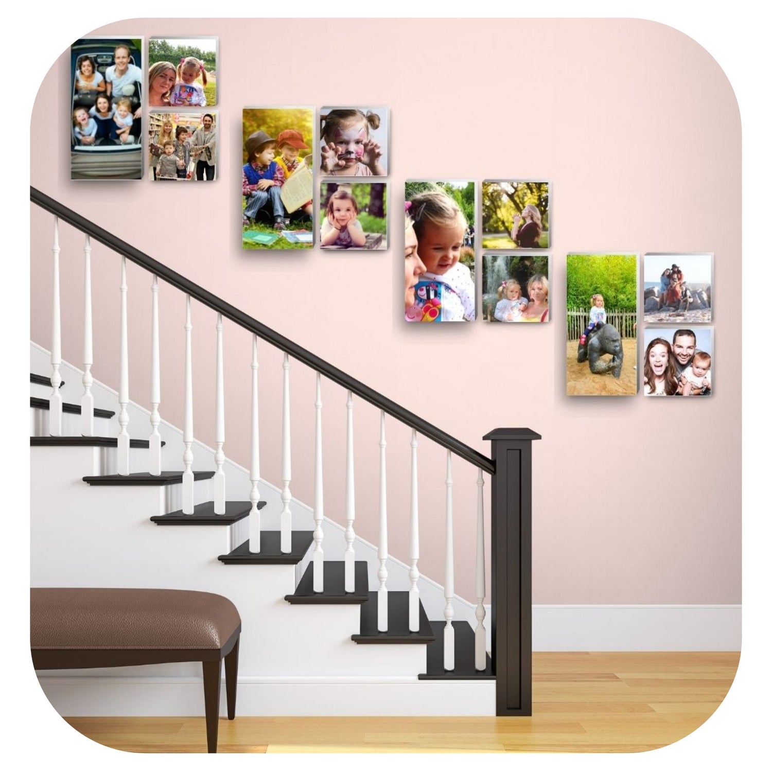 mix of 12 photo tiles on wall in hallway