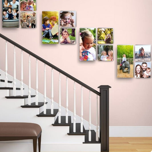 mix of 12 photo tiles on wall in hallway