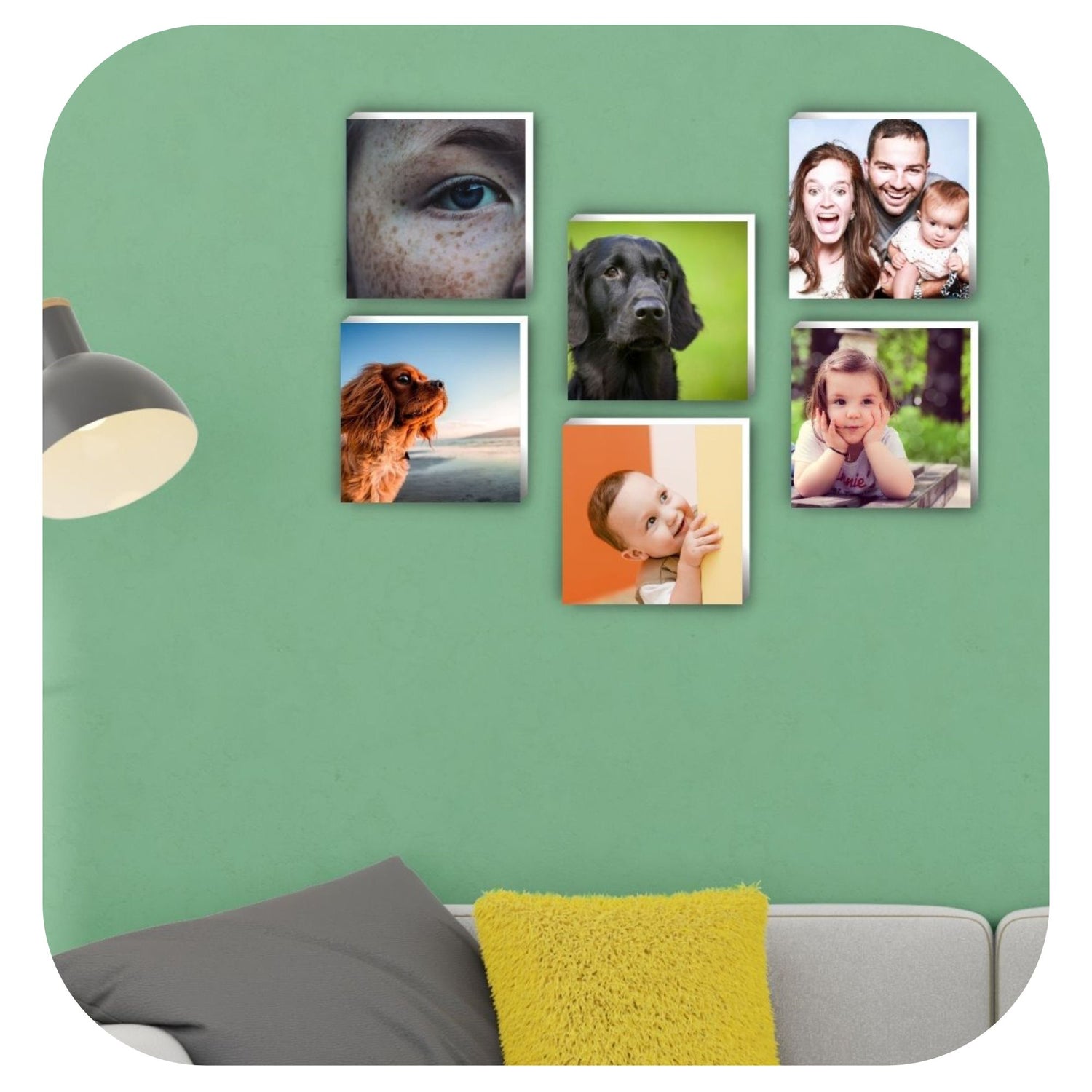 6 photo tiles on wall