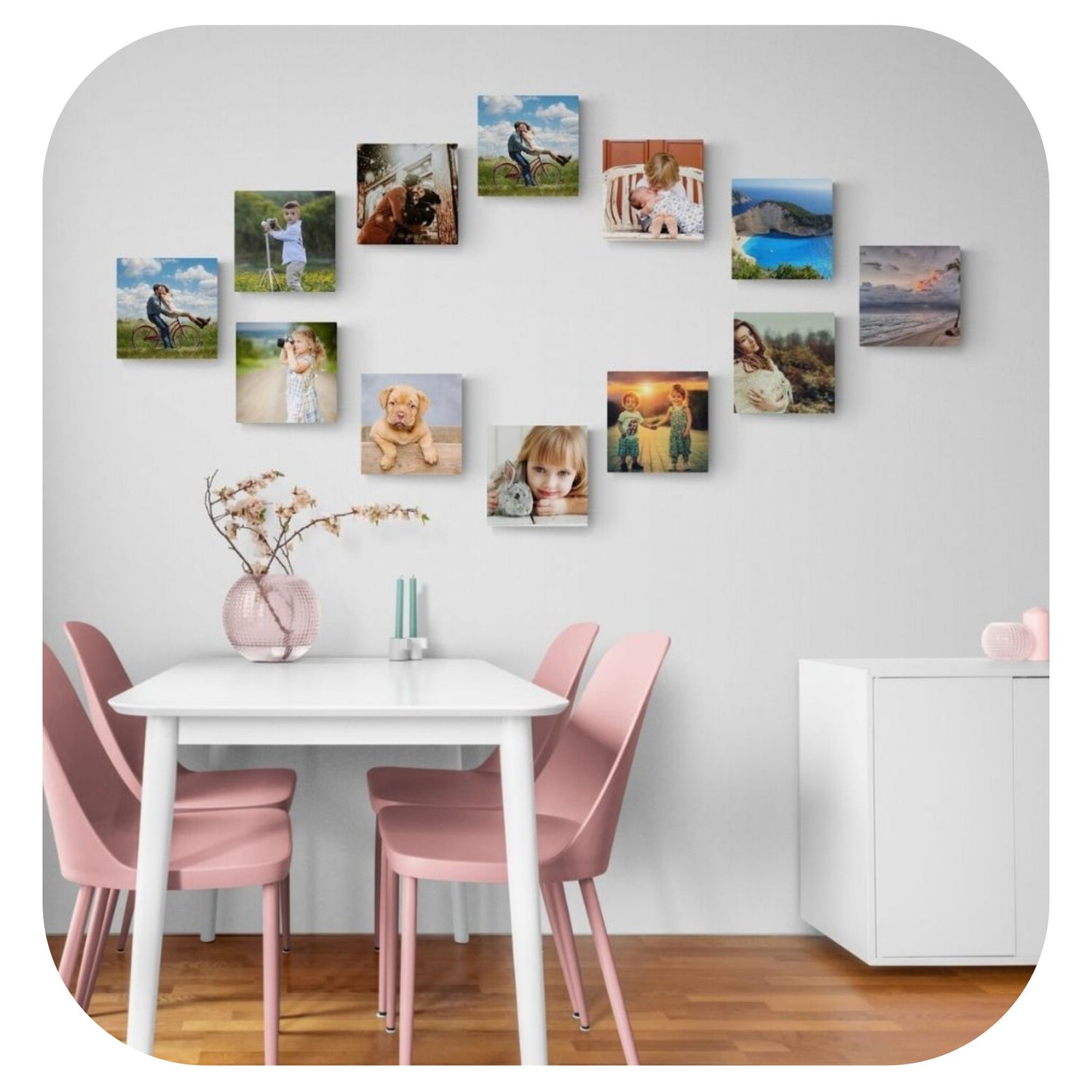 12 photo tiles on wall