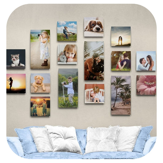 mix of 16 photo tiles on wall 