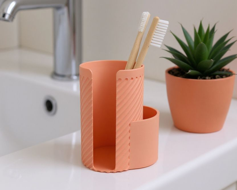 Coral toothbrush holder with toothbrushes on a bathroom counter next to a potted plant.