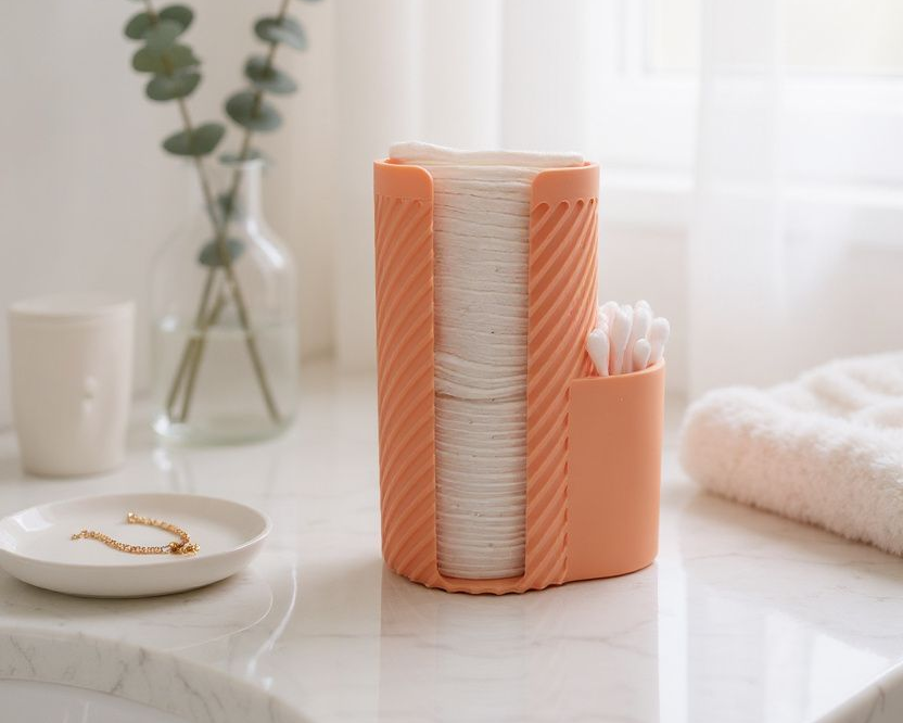 Coral-colored cup holder with stacked cups on a bathroom counter.