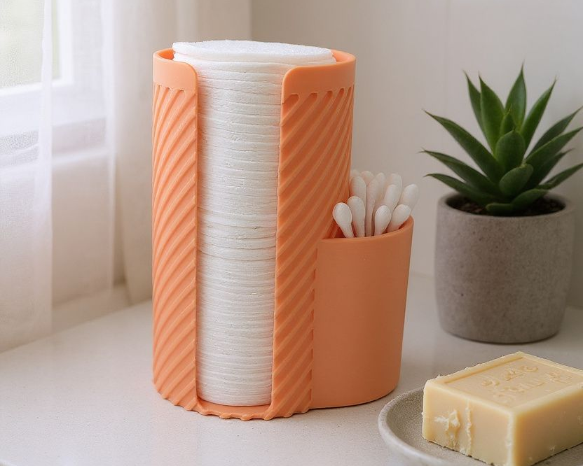 Orange kitchen organizer with stacked plates, cutlery, and soap on a white countertop.