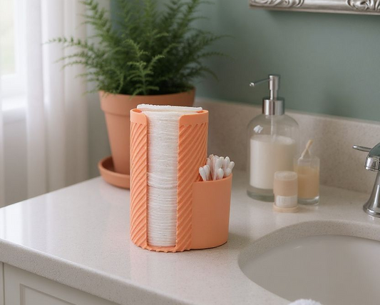 Bathroom counter with a coral holder, soap dispenser, and plant