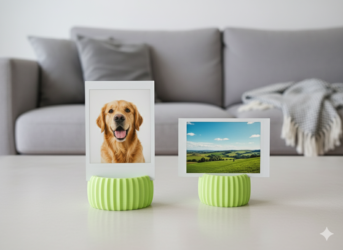 Two photo frames on a table with a dog and landscape picture, against a blurred living room background.