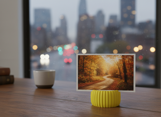 Tabletop display with a small screen showing a forest scene, placed on a wooden surface with a cityscape in the background.