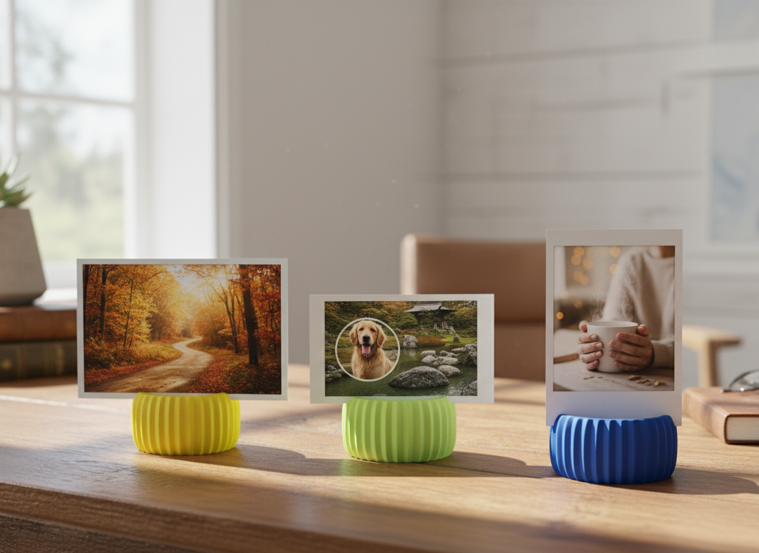 Three photo frames on a wooden surface with colorful stands.