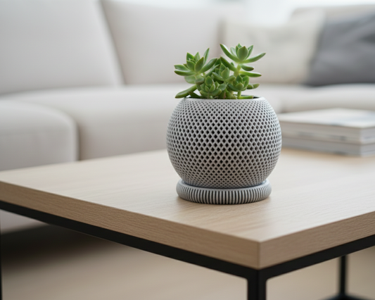 Potted plant on a coffee table with a blurred sofa in the background