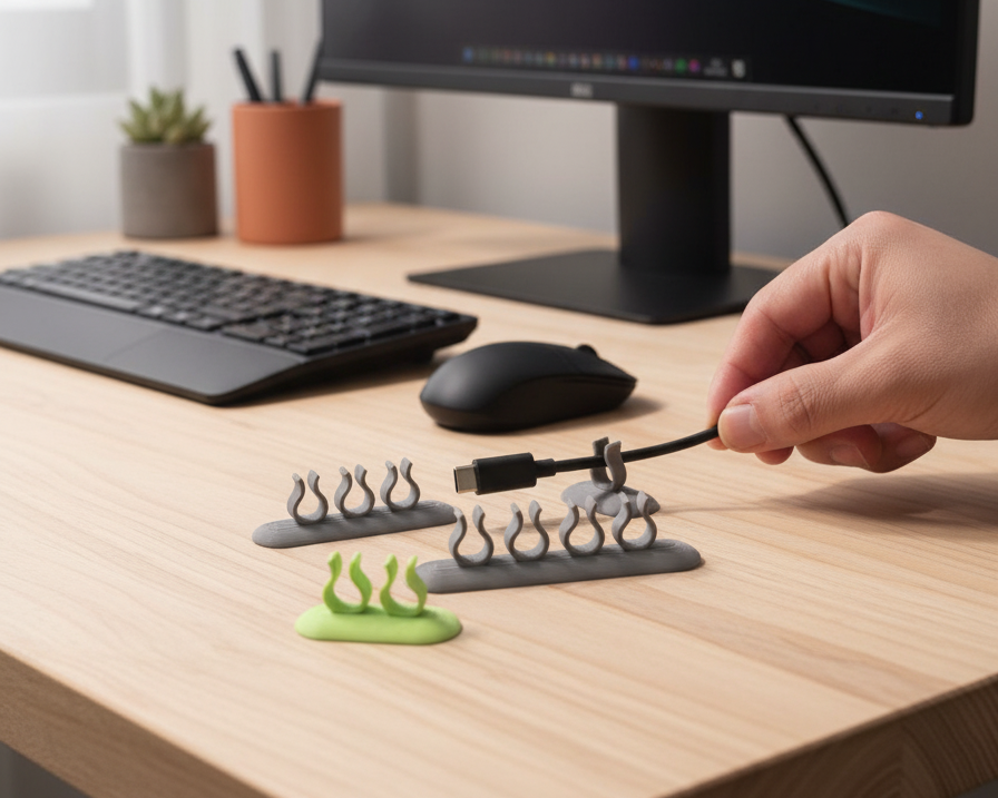 Person plugging a USB cable into a computer on a desk with small figurines and a monitor in the background.