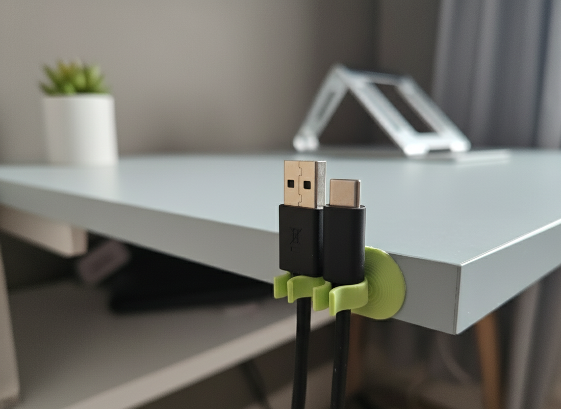Cable manager holding USB cables on a desk with a blurred background