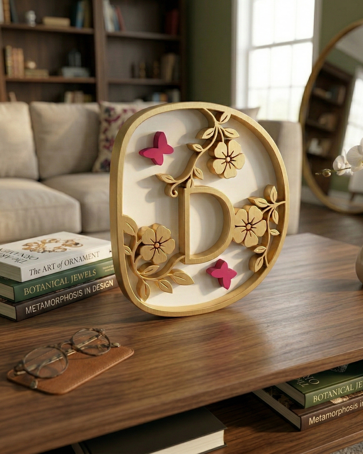 Decorative plastic letter 'D' with floral and butterfly designs on a wooden surface.
