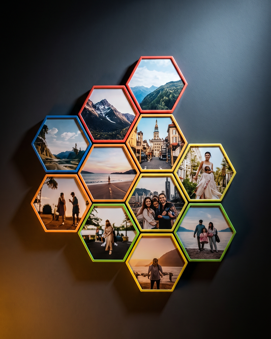 Hexagonal photo frames arranged in a circular pattern on a dark wall.