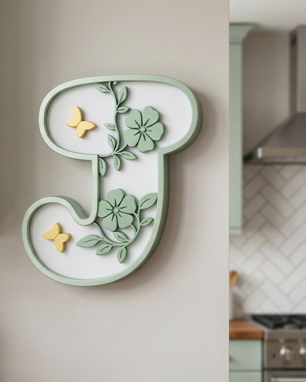 Decorative wall art with floral design in a kitchen setting