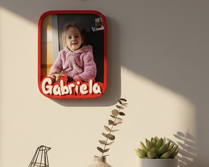 Red frame with a photo of a child and the name 'Gabriela' on a wall.