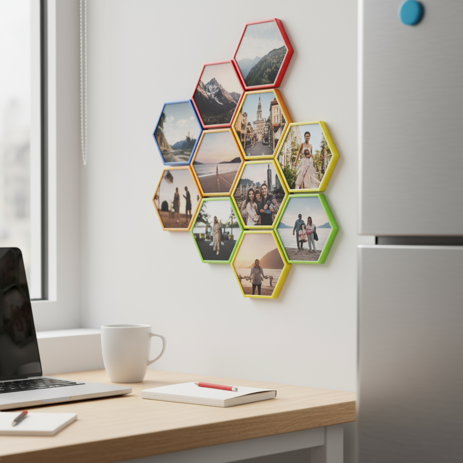 Hexagonal photo frames on a wall above a desk with a laptop and mug.