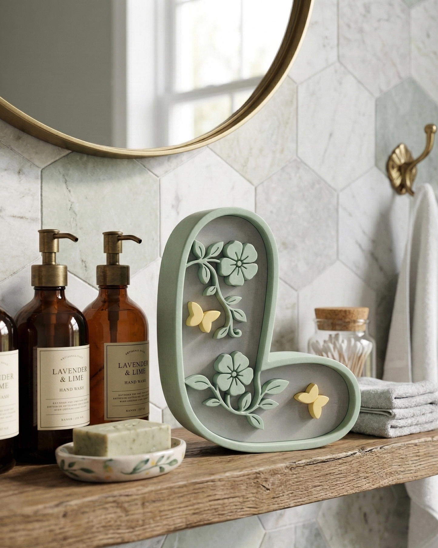 Decorative letter 'L' with floral and butterfly design on a bathroom shelf with soap and bottles.