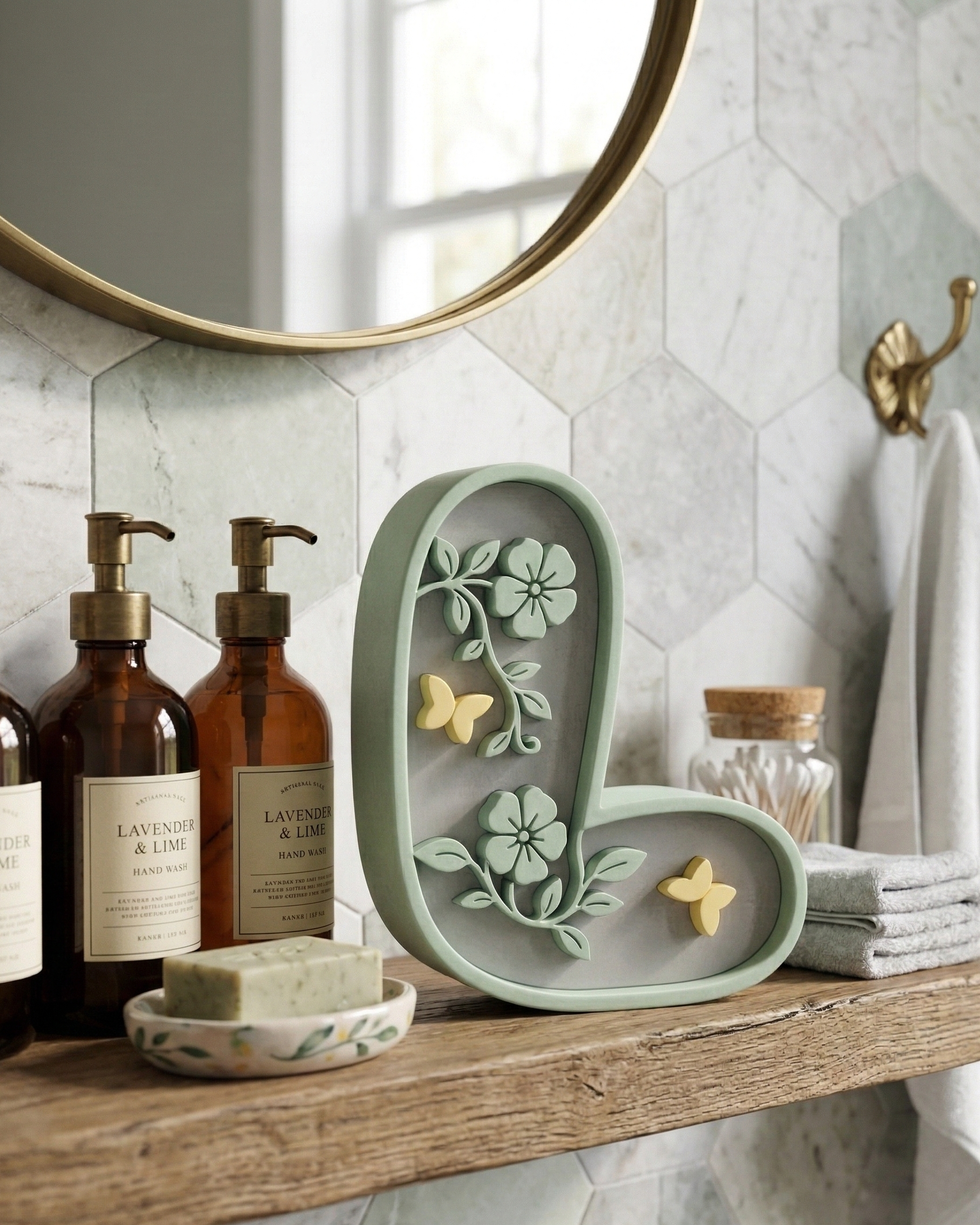 Decorative letter 'L' with floral and butterfly design on a bathroom shelf with soap and bottles.
