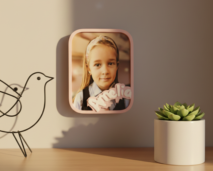Decorative wall frame with a child's photo on a neutral background