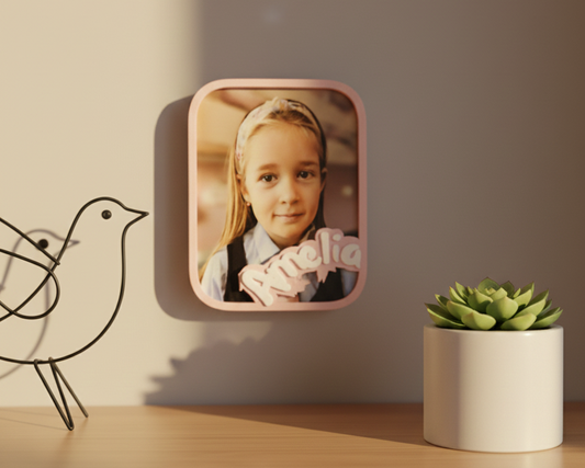 Decorative wall frame with a child's photo on a neutral background