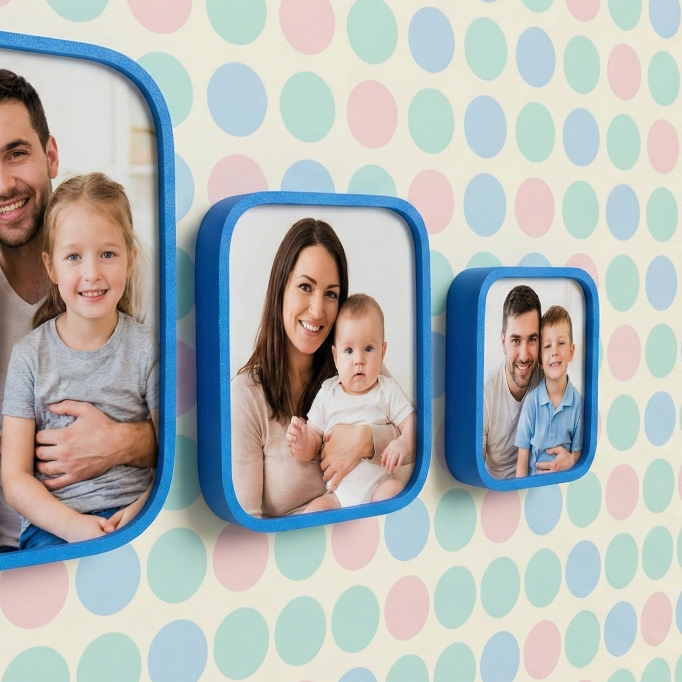 Three family photo frames on a wall with a polka dot pattern