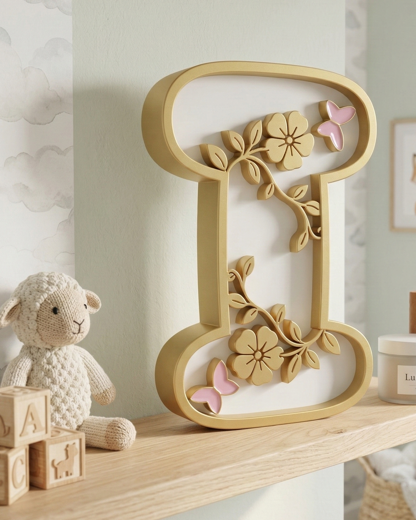 Decorative letter 'I' with floral designs on a shelf in a nursery setting.