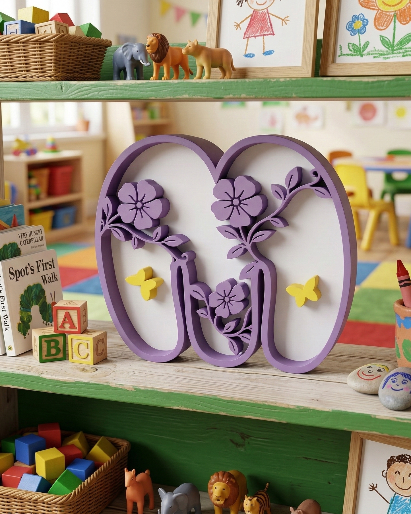 Children's playroom with a shelf displaying toys, books, and decorative letters.