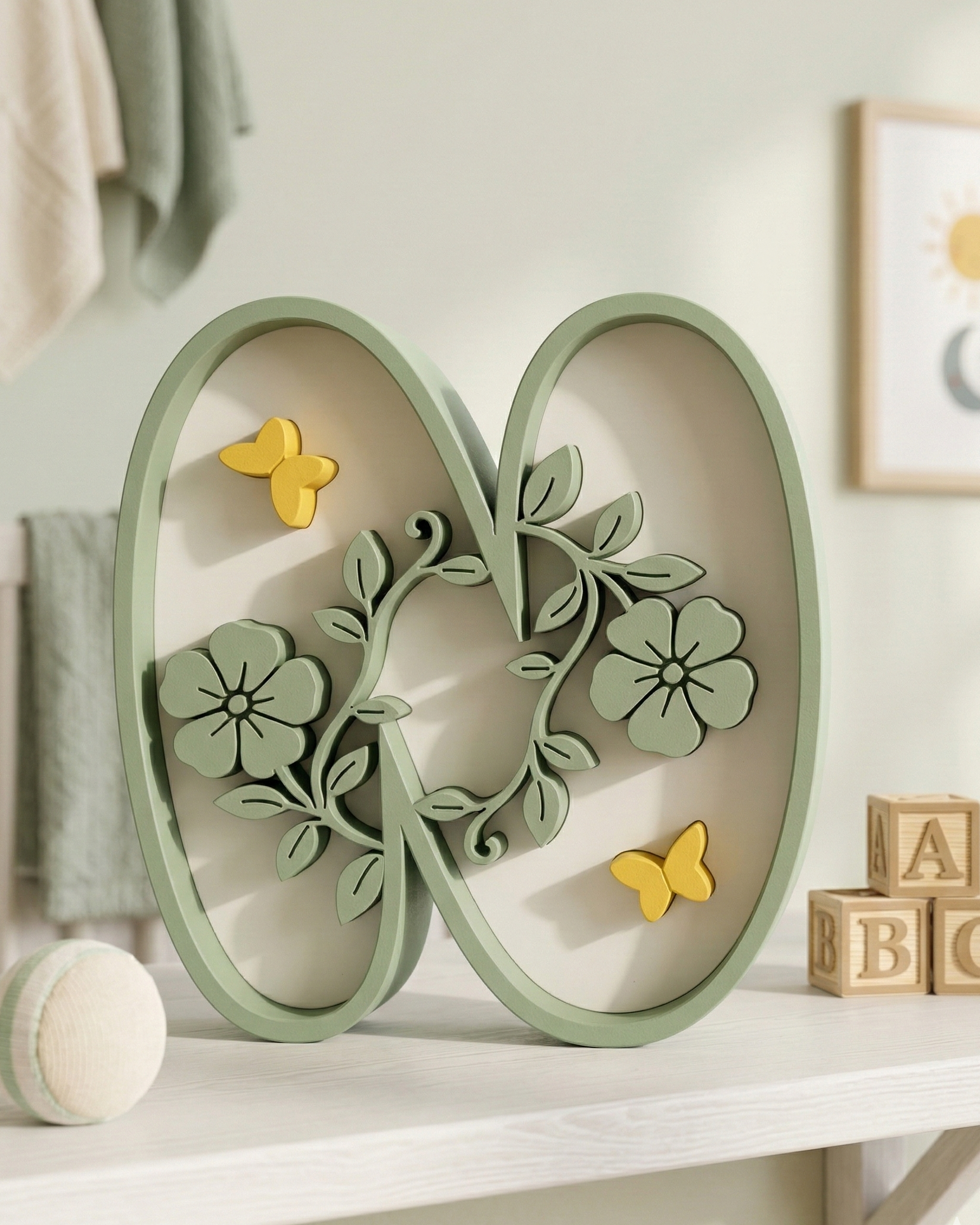 Decorative letter 'n' with floral patterns and butterflies on a shelf in a nursery.