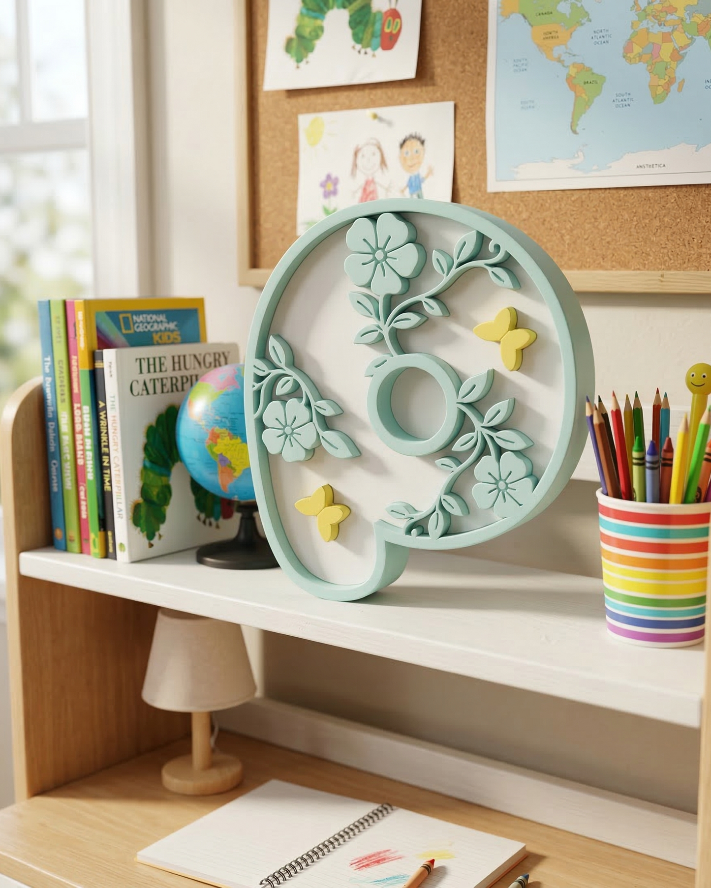 Decorative wall art with flowers and butterflies on a shelf with books and stationery.