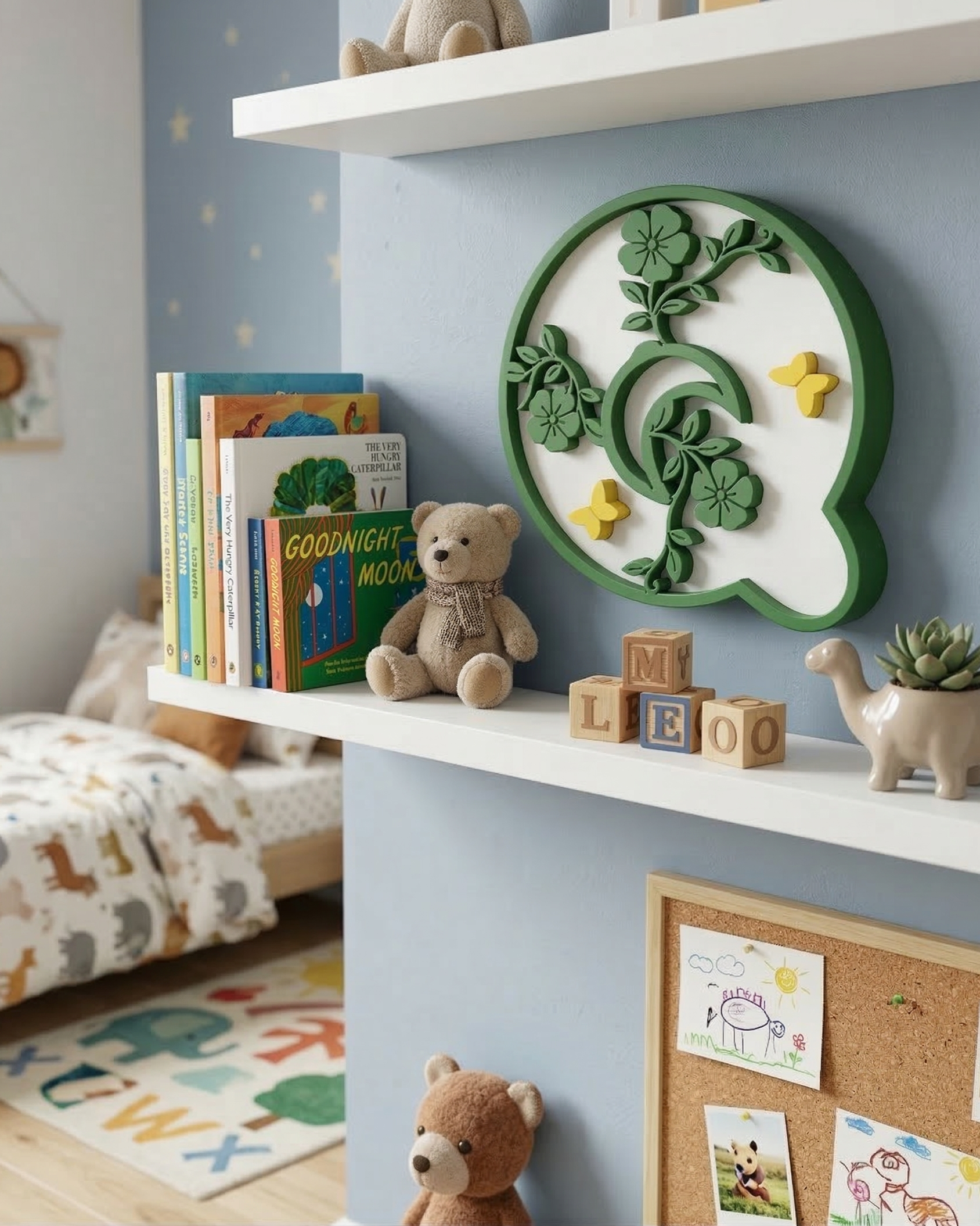 Children's room with a shelf displaying books, toys, and decorative items against a blue wall.