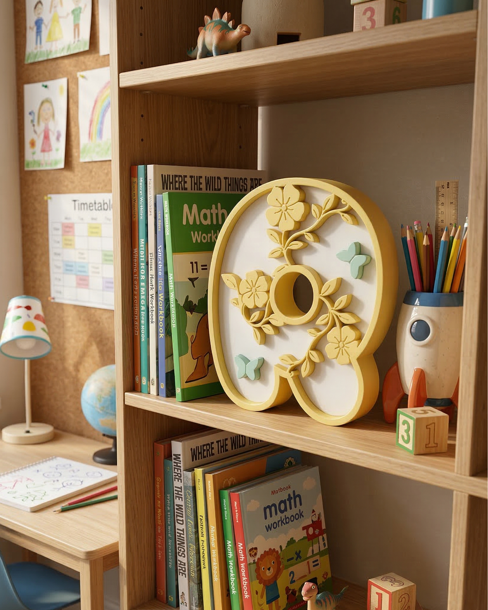 Children's study area with books, toys, and decorative items on a wooden shelf.