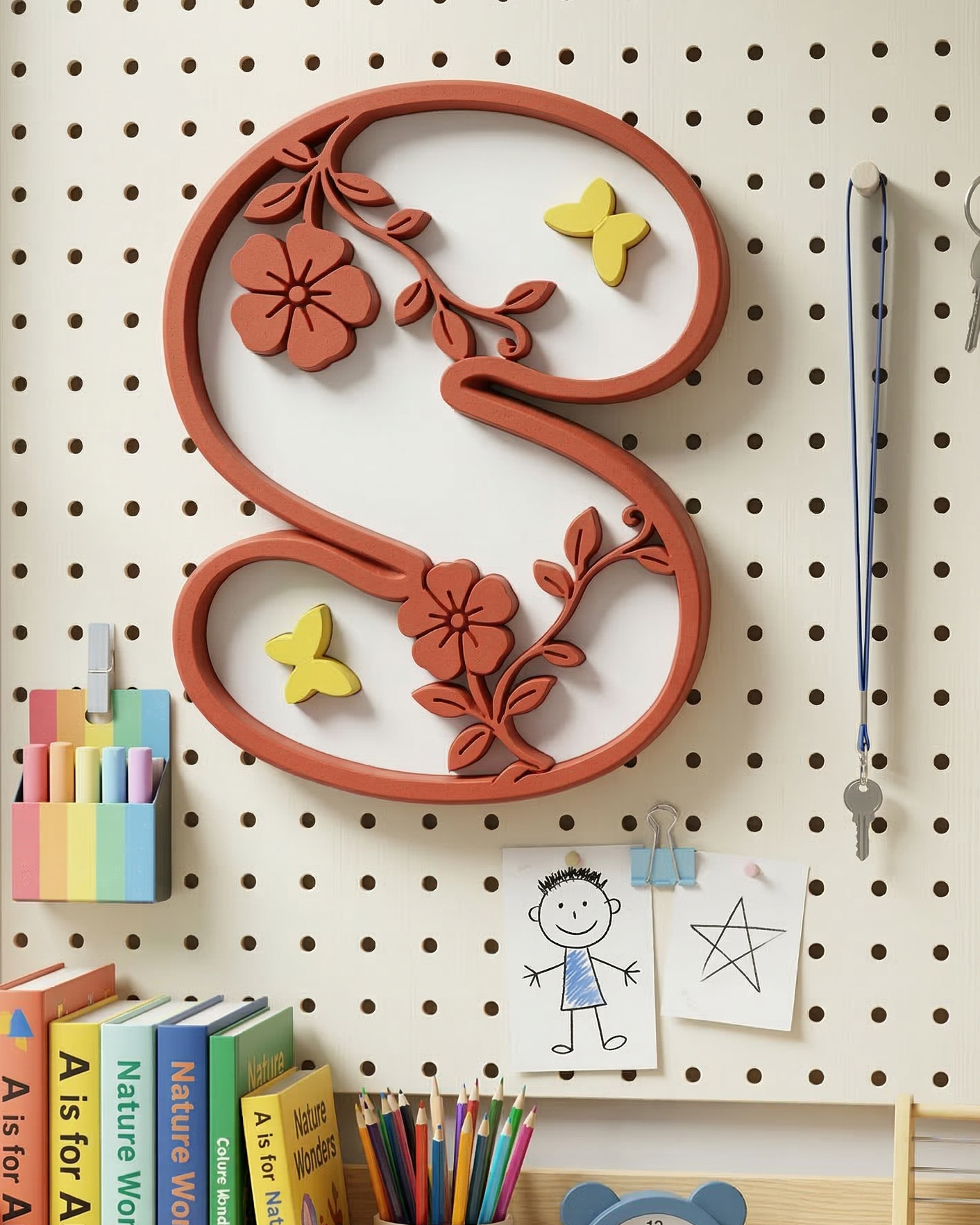 Children's desk with pegboard wall, books, and stationery