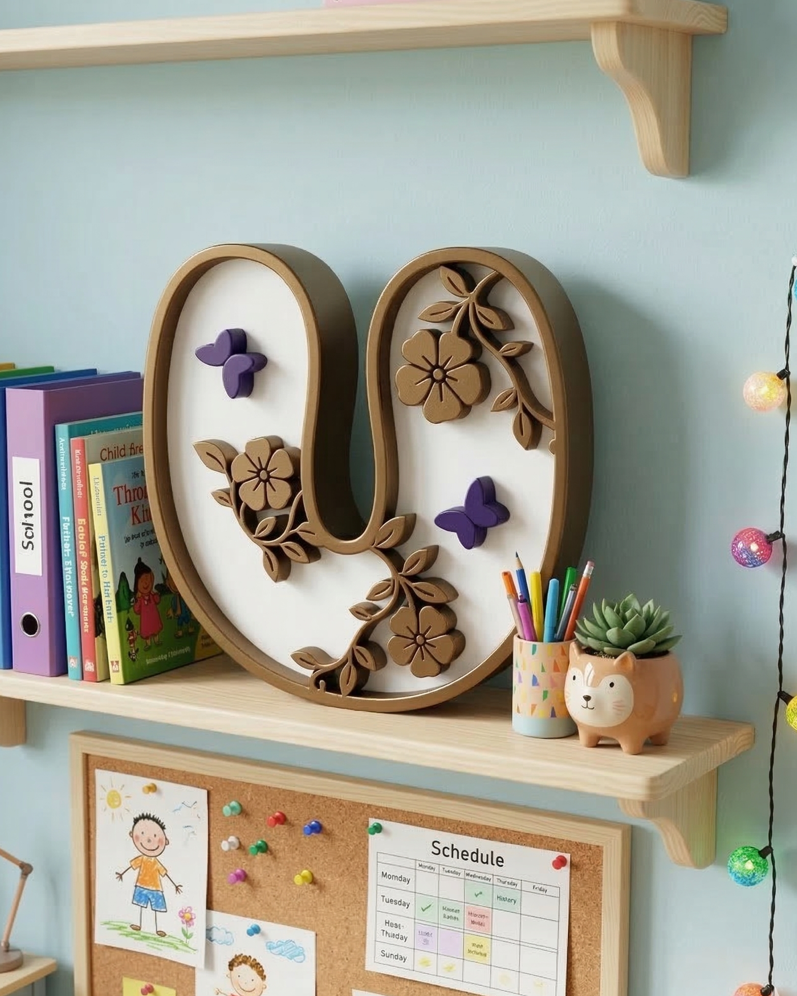 Decorative wooden letters on a shelf with books and stationery items against a light blue wall.