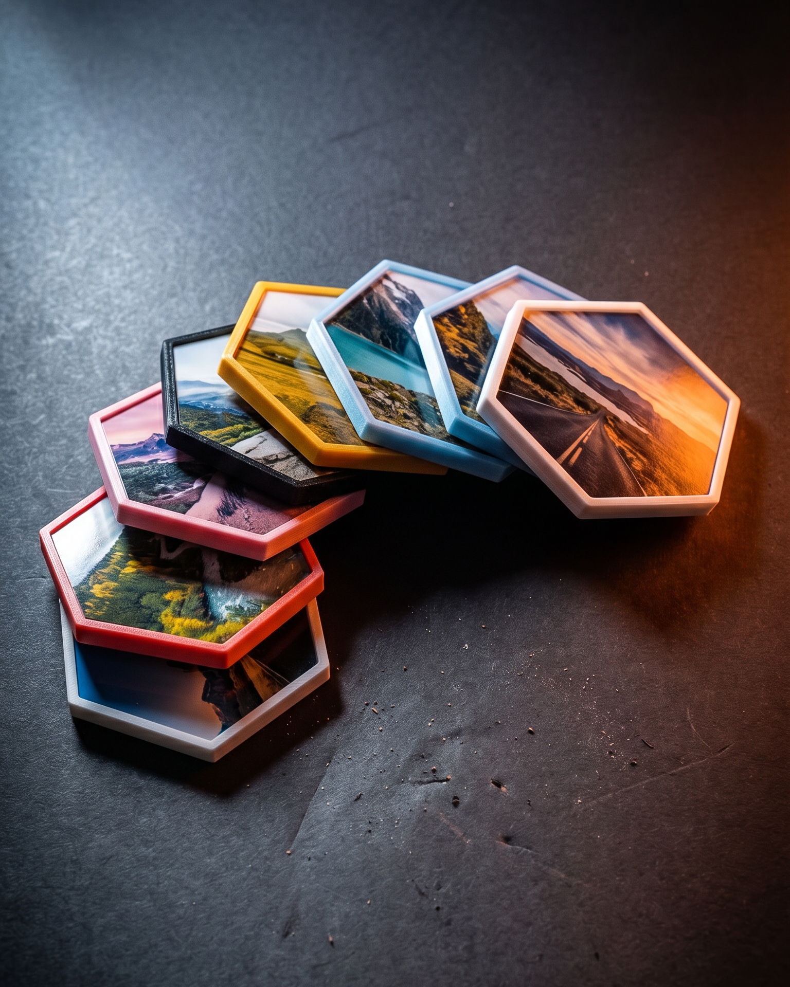 Hexagonal tiles with scenic images on a dark surface