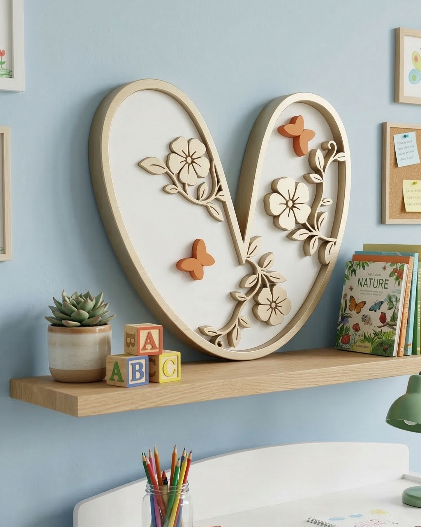 Children's room with a decorative letter 'V' on a shelf, books, and stationery.