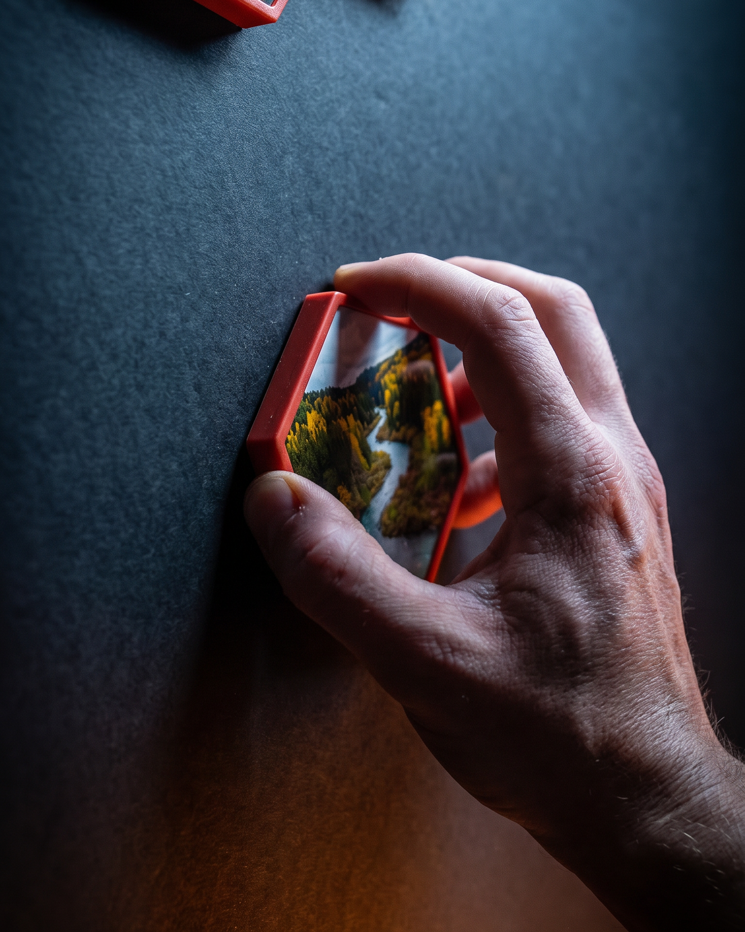 Hand holding a hexagonal stone with embedded natural patterns on a dark surface