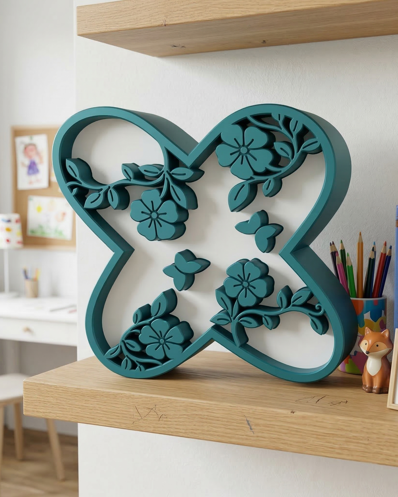 Decorative teal butterfly wall art on a wooden shelf with books and stationery.