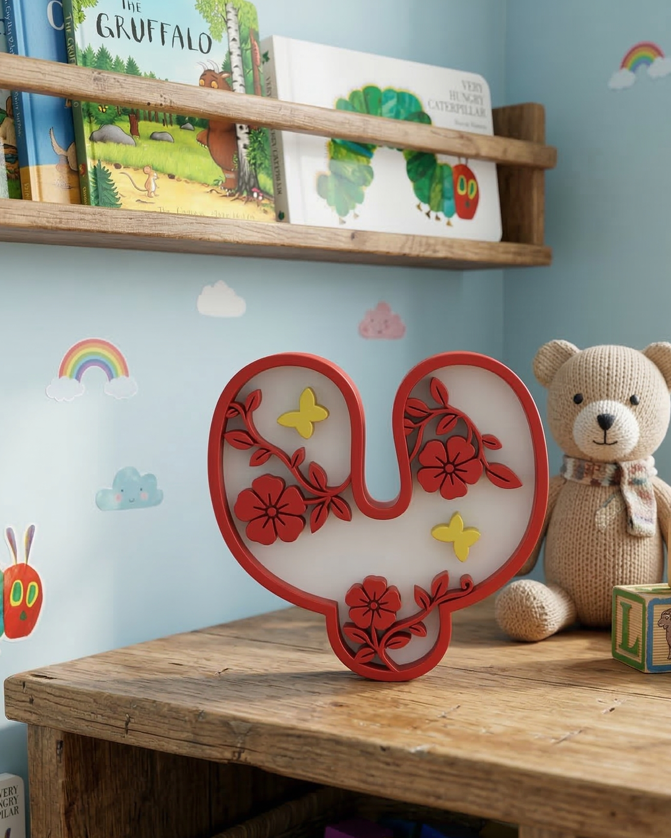 Children's room with wooden shelf, teddy bear, books, and toys against a light blue wall.