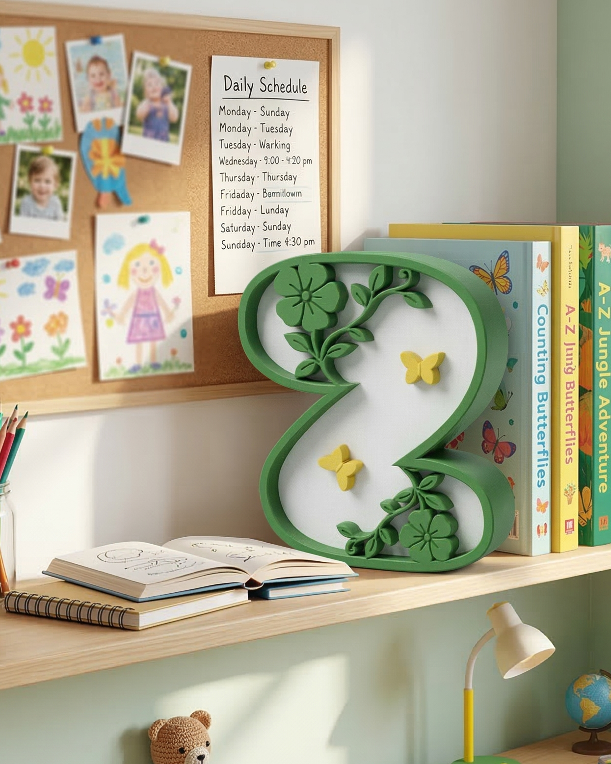Children's study nook with books, stationery, and decorative items on a shelf.