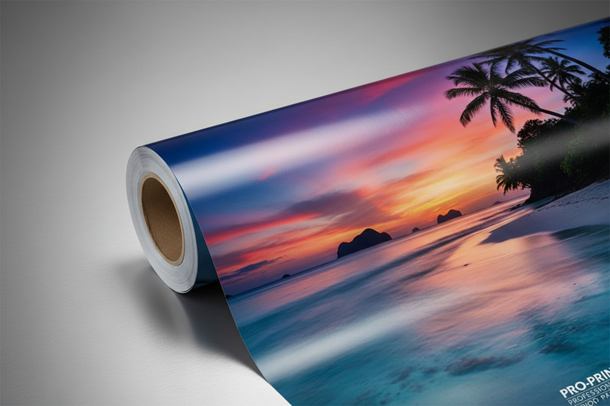 a high quality photo paper roll closeup, with a sample image pritned on it