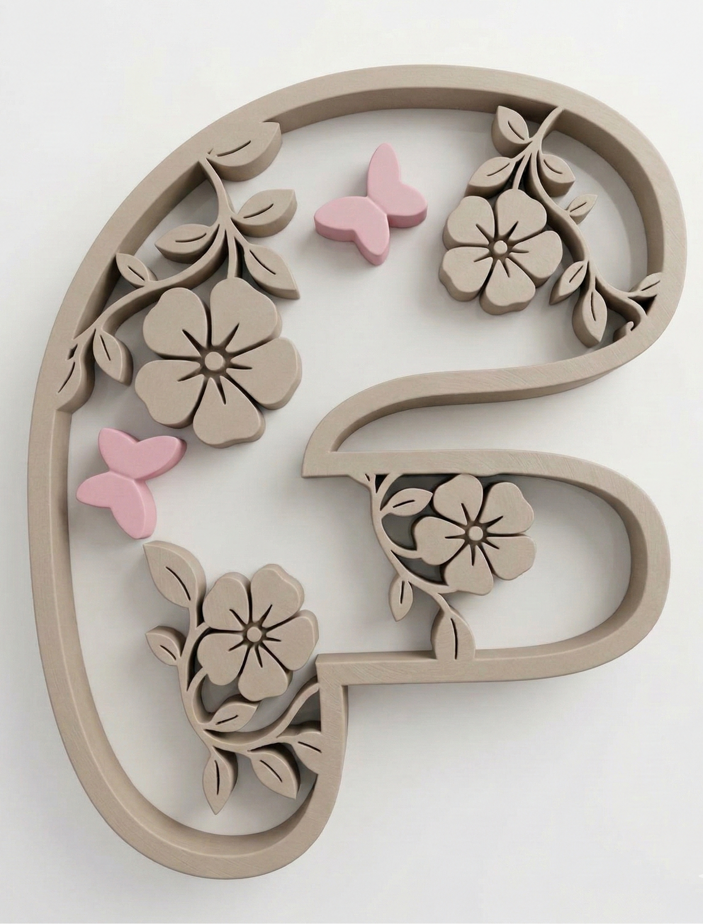 Decorative letter 'f' with floral patterns and pink butterflies on a white background